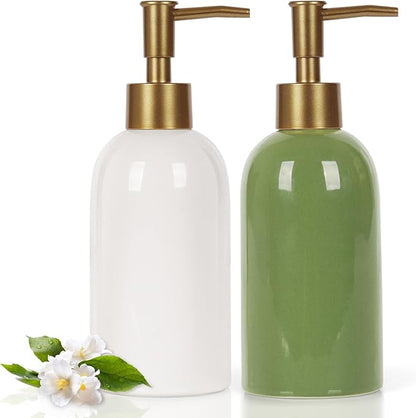 Natheeph 2PC 14OZ Ceramic Soap Dispenser Ceramic Soap Pump Dispenser Can Fill Liquid for Bathroom/Kitchen (White + Green) by Natheeph