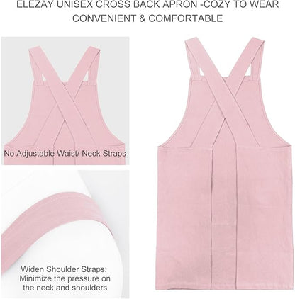 ELEZAY Aprons for Women with Pockets Plus Size Comfort Cross Back No Tie Cotton Linen Apron Pinafore