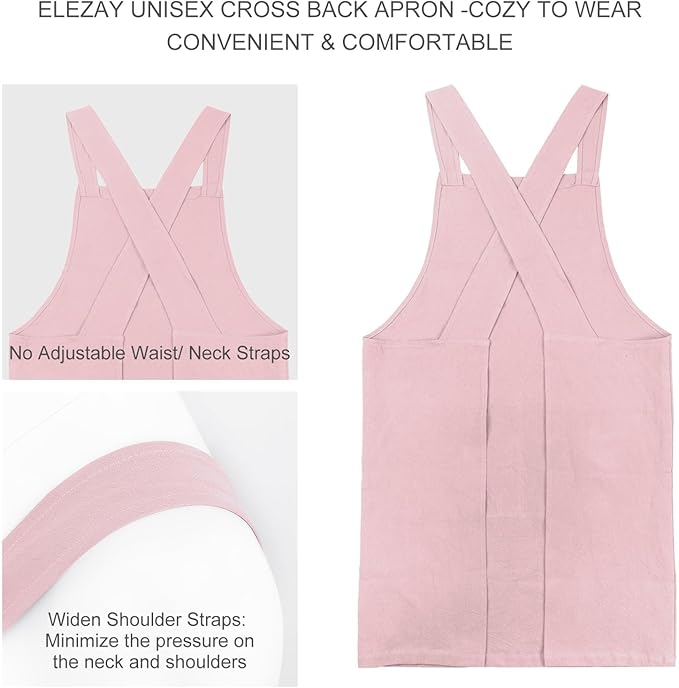 ELEZAY Aprons for Women with Pockets Plus Size Comfort Cross Back No Tie Cotton Linen Apron Pinafore
