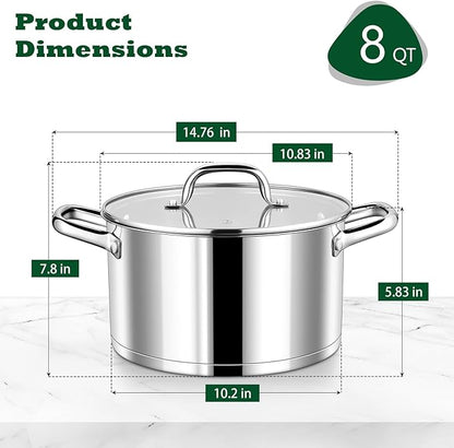 P&P CHEF 8 Quarts Cooking Stock Pot with Lid, Stainless Steel Stockpot Induction Pot for Soup, Tri-Ply Bottom & Clear Glass Lid & Double Handle, Dishwasher Safe - Image 2