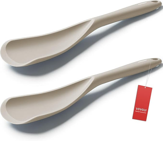 Cooking Spoon for Nonstick Cookwares, VOVOLY Silicone Spoon for Mixing, Scoop, and Scrape,Seamless Design, 12.6'', 2 Pack, Khaki by VOVOLY
