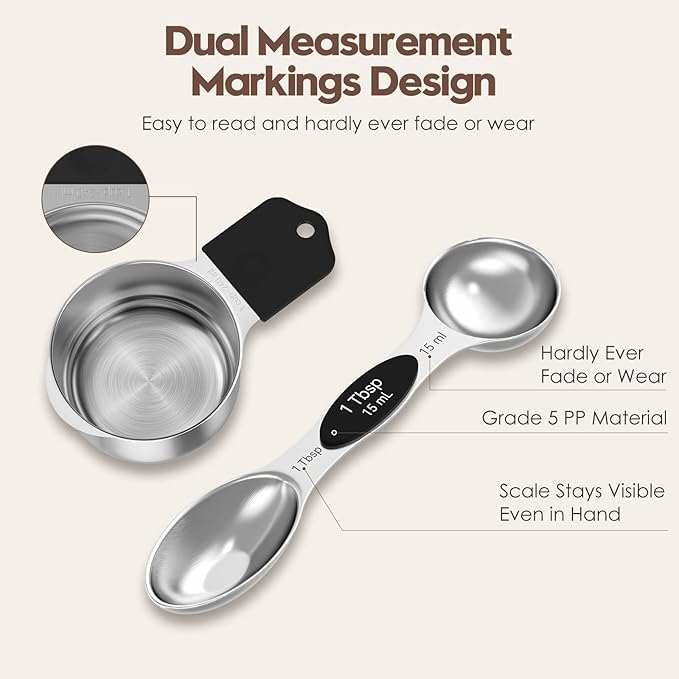 Magnetic Measuring Cups and Spoons Set - 304 Stainless Steel | Dual-sided Design | Set of 15 with Leveler | Strong N52 Magnetic Nesting Design | for Dry & Liquid Ingredients (Black) - Image 2
