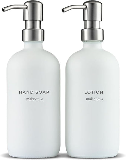 MaisoNovo Soap Dispenser 2-Piece Set | 16.9oz White Bottles with Silver Stainless Steel Pump Core