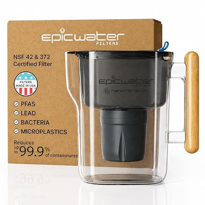 Epic Nano XP | Water Filter Pitchers for Drinking Water | 10 Cup | 150 Gallon Filter | Gravity Water Filter (Black & Bamboo)