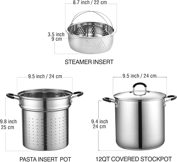 Cook N Home 4-Piece Stainless Steel Pasta Cooker Steamer Multipots, 12 Quart, Silver - Image 2