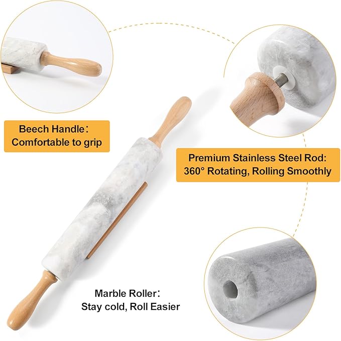 Koville African Natural Marble Rolling Pin, Non-Stick Polished Dough Roller, Pasta, Dumpling, Fondant, Pie Crust, Bread, Pizza Dough, Kitchen Baking Pastry Tools with Mat/Scraper(Grigio Fantasy) - Image 5