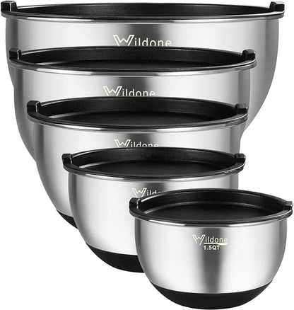 Wildone Mixing Bowls with Airtight Lids, Stainless Steel Nesting Mixing Bowls Set of 5, with Non-slip Silicone Bottoms, Size 8, 5, 3, 2, 1.5 QT, Stackable Design, Great for Mixing and Prepping by Wildone