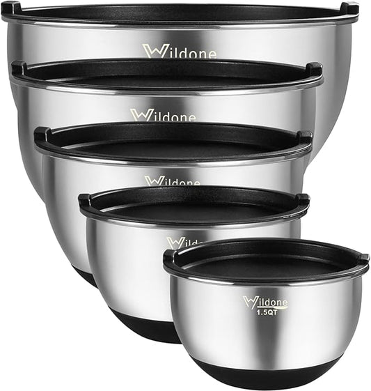 Wildone Mixing Bowls with Airtight Lids, Stainless Steel Nesting Mixing Bowls Set of 5, with Non-slip Silicone Bottoms, Size 8, 5, 3, 2, 1.5 QT, Stackable Design, Great for Mixing and Prepping by Wildone