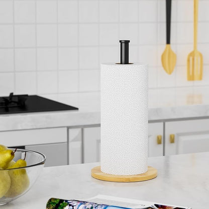 Wooden Paper Towel Holder Countertop, Black,Non-Slip Base, Stainless Steel, FreeStanding, Easy Install, Durable, Ideal for Home,RV,Bathroom,Farmhouse Essentials Decor Accessories
