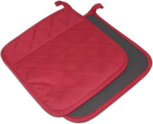 2Pcs Cotton and Neoprene Oven Pads Pot Holders with Pocket 8"x8.5" Dual-Function Hot Pad Set for Finger Hand Wrist Protection Heat Resistant to 428°F,Red