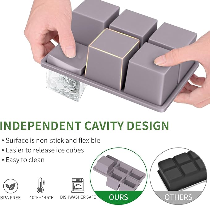 Large Ice Cube Tray for Whiskey: FDDBI Big Square Ice Cube Maker for Cocktail - 3Pack Silicone Old Fashioned Ice Cube Trays - 2inch Huge Cubed Ice Trays for Whisky - Image 2