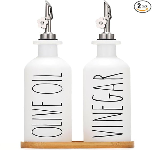 HOMCDALY Premium Olive Oil Dispenser for Kitchen, 11.8oz Glass Oil Bottles with Bamboo Tray, White Oil&Vinegar Cruet Set, Kitchen Dispenser Bottles with Pourer| Set of 2 (11.8oz –P–White) by HOME