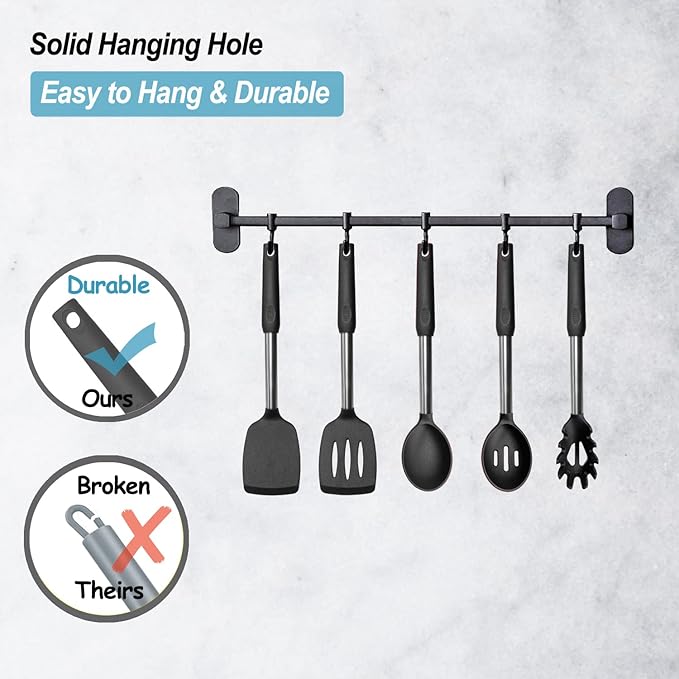 Silicone Spatula and Cooking Spoon,5 Pack Non-Stick Cooking Utensils for Kitchen，Heat Resistant Solid & Slotted Spoons and Spatulas, Stainless Steel Handle Coated with Silicone,Black - Image 6
