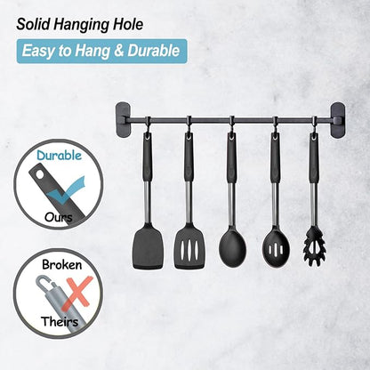 Silicone Spatula and Cooking Spoon,5 Pack Non-Stick Cooking Utensils for Kitchen，Heat Resistant Solid & Slotted Spoons and Spatulas, Stainless Steel Handle Coated with Silicone,Black - Image 6
