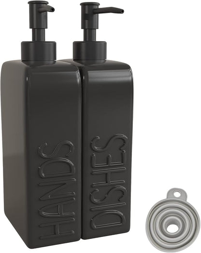 Soap Dispenser Set with Stainless Steel Pump, 2 Pack Ceramic Refillable Dish Soap and Hand Soap Dispenser for Kitchen, Bathroom, Matte Black by Karisky