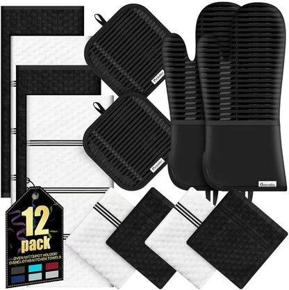 Oven Mitts Kitchen Towels and Dishcloths with Pot Holders Sets, Oven Gloves Hot Pads 500°F Heat Resistant with Silicone Grip, Include 2 Cooking Gloves/2 Potholders/4 Kitchen Towels/4 Dish Towels by KacNacPro
