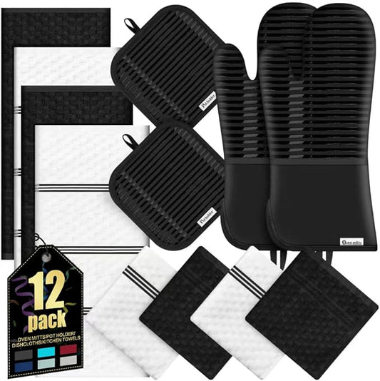 Oven Mitts Kitchen Towels and Dishcloths with Pot Holders Sets, Oven Gloves Hot Pads 500°F Heat Resistant with Silicone Grip, Include 2 Cooking Gloves/2 Potholders/4 Kitchen Towels/4 Dish Towels by KacNacPro