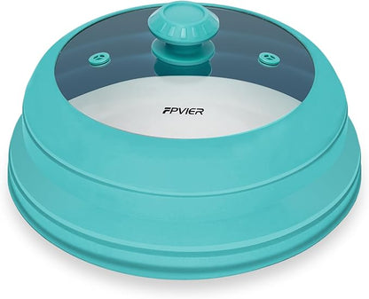 Microwave Splatter cover, Glass Microwave Cover for Food, 10.8 inch Guard Lid with Collapsible Silicone for 6-10 inch Plates & Bowls, Dishwasher Safe, 450°F Heat Resistant, BPA-Free, Blue
