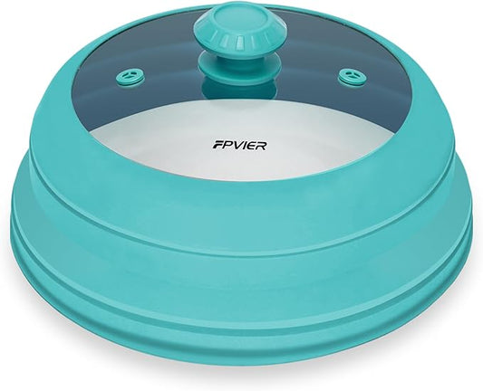 Microwave Splatter cover, Glass Microwave Cover for Food, 10.8 inch Guard Lid with Collapsible Silicone for 6-10 inch Plates & Bowls, Dishwasher Safe, 450°F Heat Resistant, BPA-Free, Blue