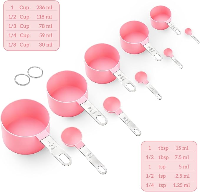 Measuring Cups and Spoons Set, 10 Pieces Stackable Measure Tools with Stainless Steel Handles, Kitchen Gadgets for Cooking & Baking (Pink) - Image 3