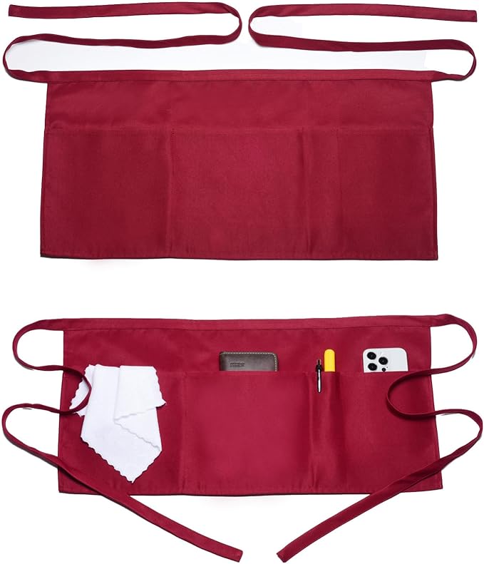 Argstar 2 Pack Server Apron with 4 Pockets, Waitress Waiter Waist WaterDrop Resistant Short Aprons