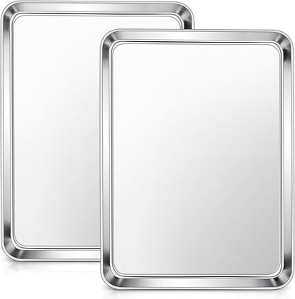 E-far Baking Sheets Set of 2, 16” x12” Stainless Steel Cookie Sheets Pans for Oven, Non-toxic Metal Trays for Baking Cake Cookie, Healthy & Rust Free, Mirror Finish & Dishwasher Safe by E-far