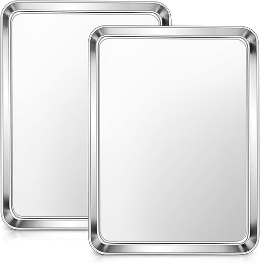 E-far Baking Sheets Set of 2, 16” x12” Stainless Steel Cookie Sheets Pans for Oven, Non-toxic Metal Trays for Baking Cake Cookie, Healthy & Rust Free, Mirror Finish & Dishwasher Safe by E-far