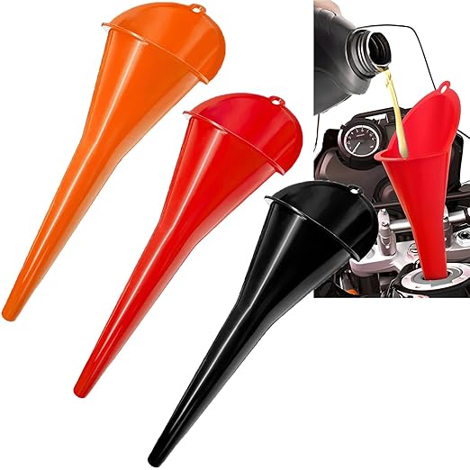 3-Pack Long-Neck Oil Funnels, 11" Multi-Purpose Funnels for Automotive & Motorcycle Use – Reusable Funnel for Oil, Gas & Transmission Fluid (Black+Red+Orange)