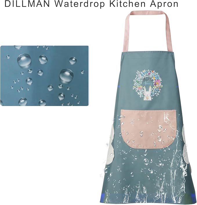 DILLMAN Women Kitchen Apron with Hand Wipe Pockets，Big Pocket,Hand-wiping, Waterproof for Cooking Baking