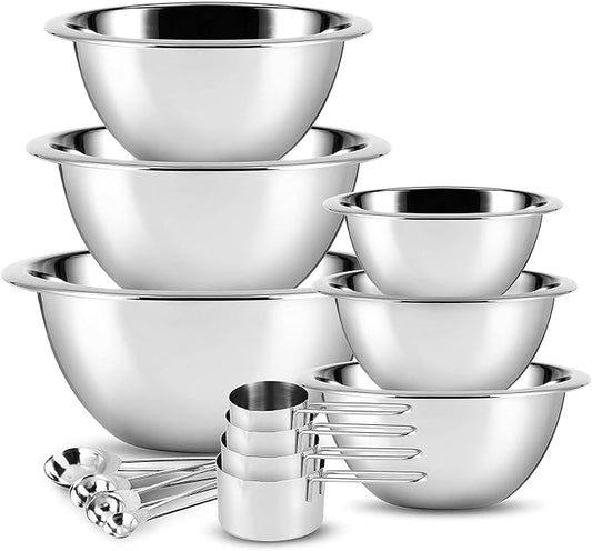 EATEX Stainless Steel Mixing Bowls with Measuring Cups & Spoons Set of 14 - Dishwasher Safe Nesting Mixing Bowl Set for Cooking, Baking & Meal Prep Non-Slip Premium Bowls by Eatex
