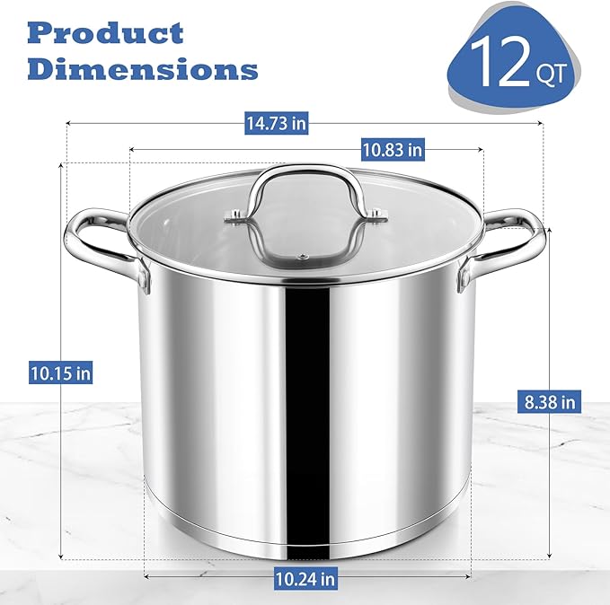 P&P CHEF 12 QT Stock Pot with Lid, Stainless Steel Large Cooking Pot, Soup Canning Stockpot for Stewing Simmering, Tri-ply Bottom for All Stoves, Heavy-Duty &Dishwasher Safe & Food-Grade - Image 2