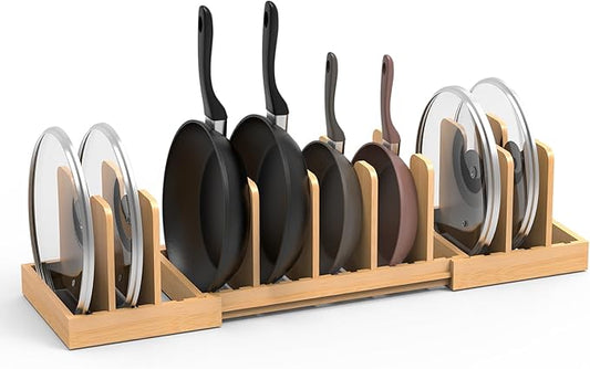 Bamboo Pot Lid Organizer, Pots and Pans Organizer Inside Cabinet, Pot Lids holder for Kitchen Countertop