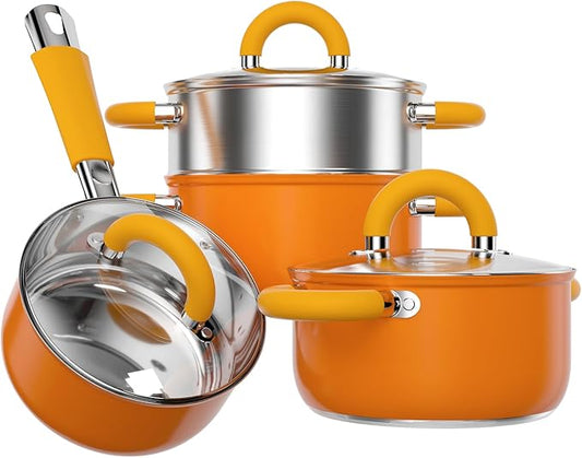 Stainless Steel Cookware Set, 5 Ply Pots and Pans Set 7 Piece, 4 3 2 QT Pot Pan with Lid and Steaming, Compatible with All Stovetops, Dishwasher Safe