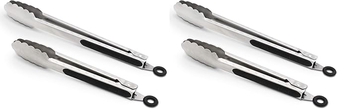 304 Stainless Steel Kitchen Cooking Tongs, 9" and 12" Set of 2 Sturdy Grilling Barbeque Brushed Locking Food Tongs with Ergonomic Grip, Black (Pack of 2) by ALLWIN-HOUSEWARE