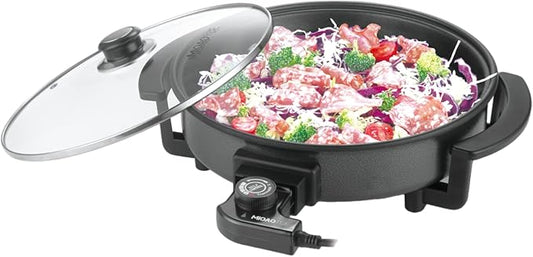 12" Round Electric Skillet with lid, Ceramic Nonstick Coating Electric Frying Pan, 1500W Quick & Even Heating, 5 Adjustable Temperature Control, Tempered Glass Lid & Cool-Touch Handles
