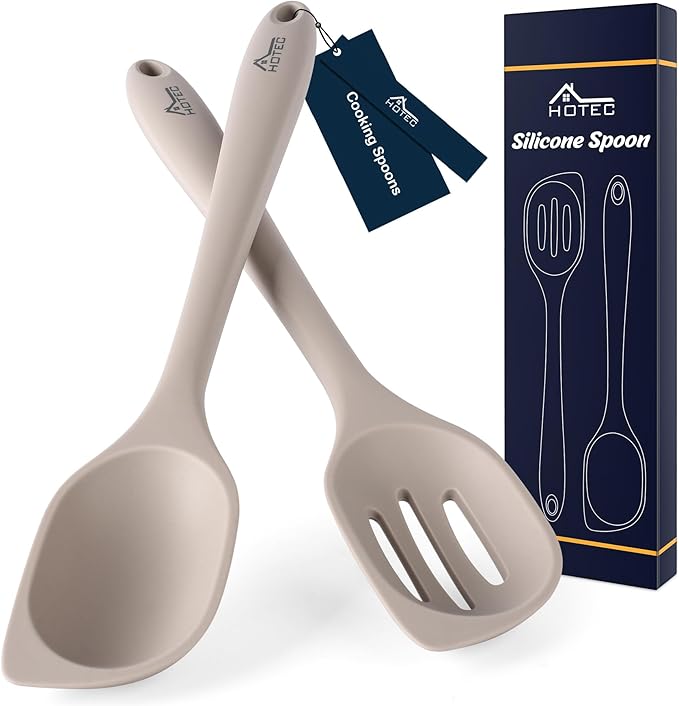 HOTEC Heat Resistant Silicone Cooking Spoon Spatula, Large Kitchen Solid and Slotted Spoons for Mixing, Serving, Scraping, Non-stick, Dishwasher Safe Khaki 12.5inch by Hotec