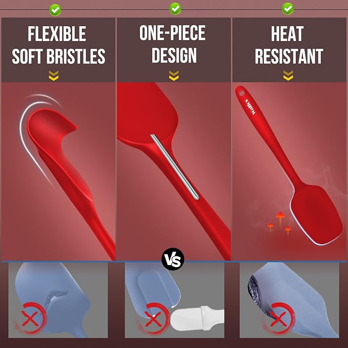 Walfos Silicone Spatula Set of 5-600°F Heat Resistant Kitchen Scraper Spatulas, Strong Steel Core and One-Pieces Seamless Design, Great for Cooking Mixing & Baking - BPA Free & Dishwasher Safe (Red) - Image 6