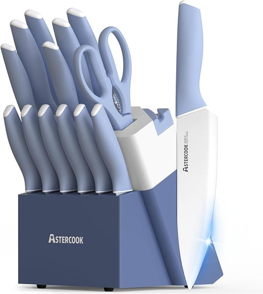 Astercook Kitchen Knife Set with Block and Sharpener 15 Piece German High Carbon Stainless Steel Knives Sharp Blade Dishwasher Safe Deba Knives with Ergonomic Handle, Delicate Blue by Astercook