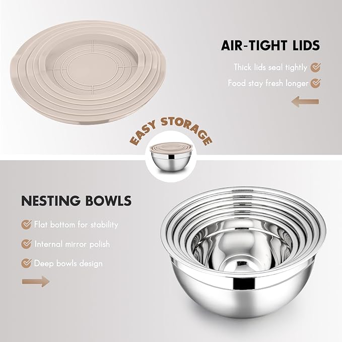 E-far Stainless Steel Mixing Bowls with Lids, 5-Pack Metal Nesting Bowls with Airtight Covers for Cooking, Baking, Serving, Storage, Non-toxic & Dishwasher Safe, Size 4.6/3/1.5/1/0.7QT - Khaki - Image 4
