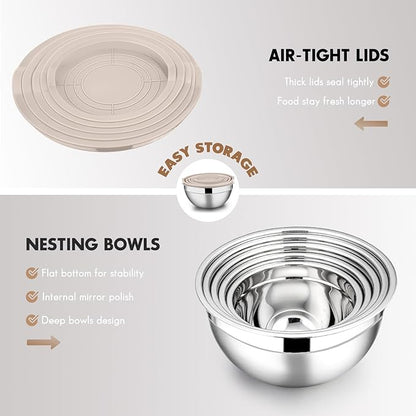 E-far Stainless Steel Mixing Bowls with Lids, 5-Pack Metal Nesting Bowls with Airtight Covers for Cooking, Baking, Serving, Storage, Non-toxic & Dishwasher Safe, Size 4.6/3/1.5/1/0.7QT - Khaki - Image 4