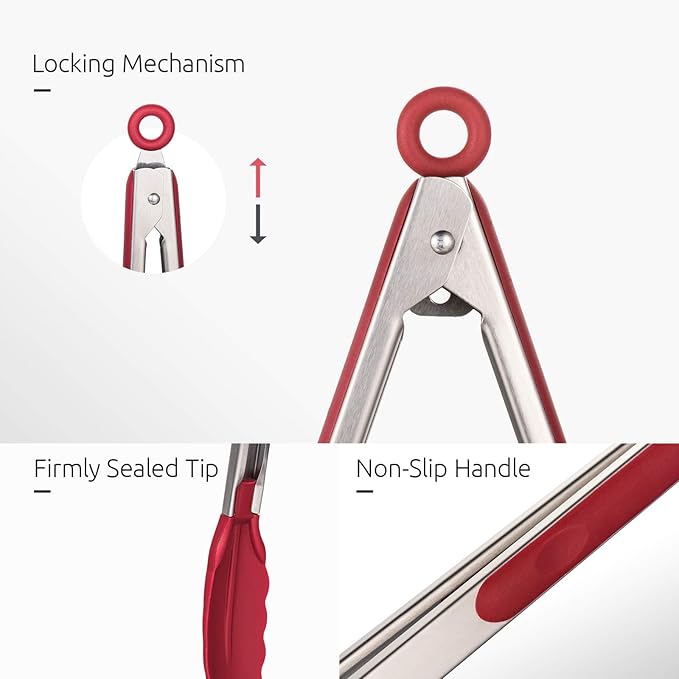 U-Taste Kitchen Tongs, 7/9/12 inches Cooking Tongs, with 600ºF High Heat-Resistant Non-Stick Silicone Tips, 18/8 Stainless Steel Handle, for Food Grill, Salad, BBQ, Frying, Serving, Pack of 3(Red) - Image 6
