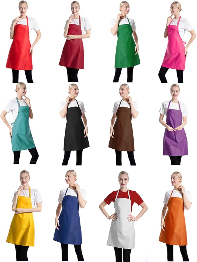 Total 12 PCS Plain Color Bib Apron Adult with 2 Front Pocket (Mixed Colour) by TSDSTORY