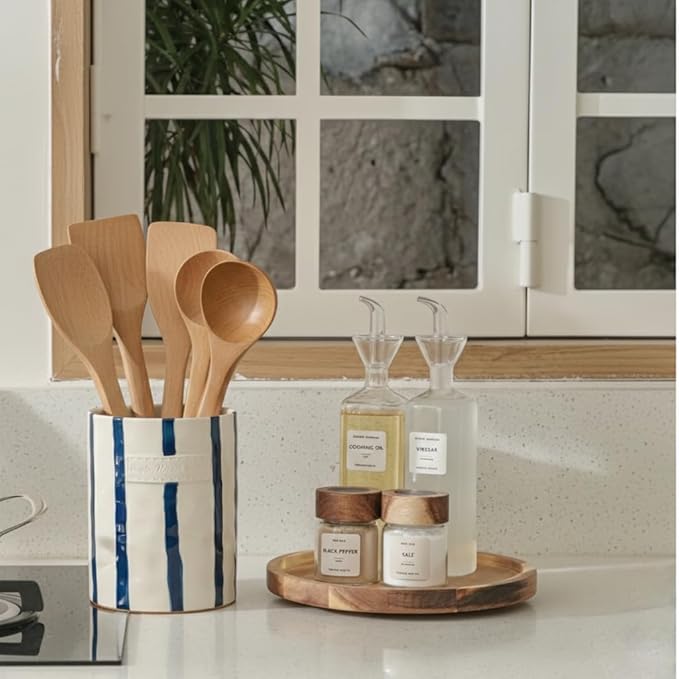JIEMEI HOME Kitchen Utensil Holder, 7.2" Ceramic Stable Utensil Crock for Countertop, Modern Minimalism Style Cooking Tool Organizer with Cork Mat, Spatula Holder For Kitchen Decor, Blue stripes - Image 9