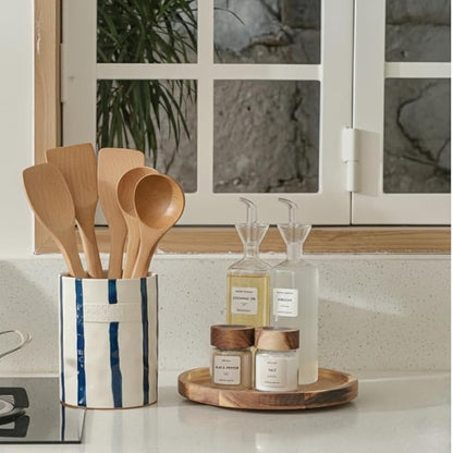 JIEMEI HOME Kitchen Utensil Holder, 7.2" Ceramic Stable Utensil Crock for Countertop, Modern Minimalism Style Cooking Tool Organizer with Cork Mat, Spatula Holder For Kitchen Decor, Blue stripes - Image 9