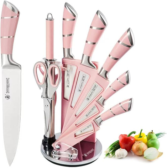 Pink Kitchen Knife Set, 9-Piece - Non-Stick, Sharp, High Carbon Stainless Steel Knives with Acrylic Block - Perfect for Meat Slicing, Chopping - Ideal Kitchen Gifts for Women