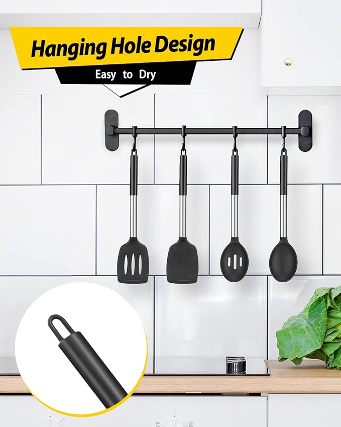 Pack of 4 Silicone Cooking Utensils Set, Non Stick Large Solid Spatulas, Heat Resistant Black Slotted Spoons, Ideal BPA Free Kitchen Turners for Frying, Mixing,Serving,Draining,Turning,Stirring - Image 6