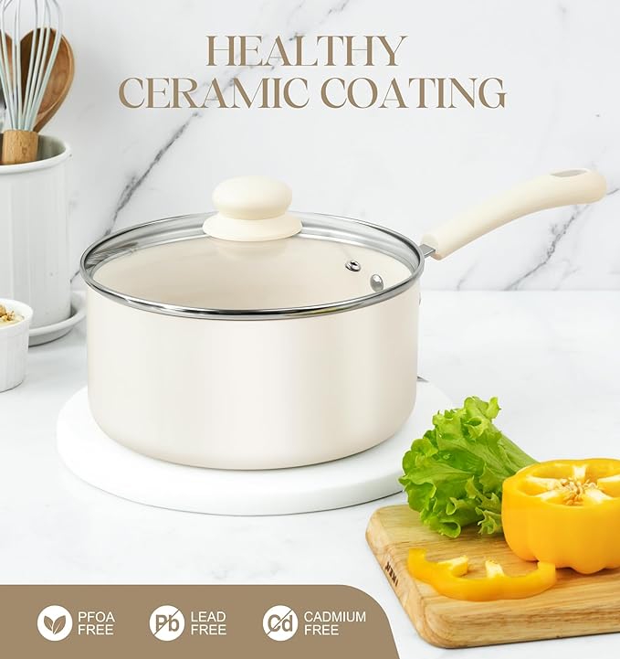 MICHELANGELO Nonstick Saucepan with Lid, Ceramic Sauce Pan Sets, Easy to Clean Sauce Pans, Multi-Purpose Cooking Pots, 1QT & 2QT & 3QT, White - Image 3