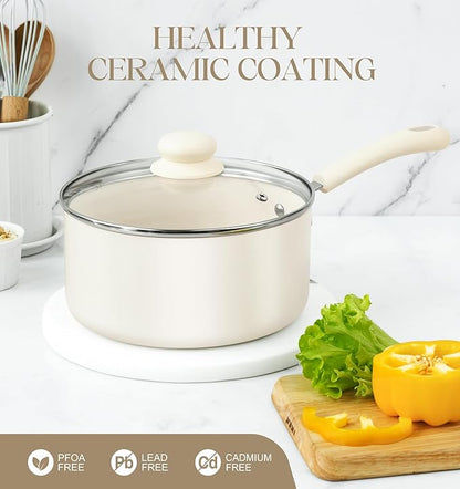 MICHELANGELO Nonstick Saucepan with Lid, Ceramic Sauce Pan Sets, Easy to Clean Sauce Pans, Multi-Purpose Cooking Pots, 1QT & 2QT & 3QT, White - Image 3