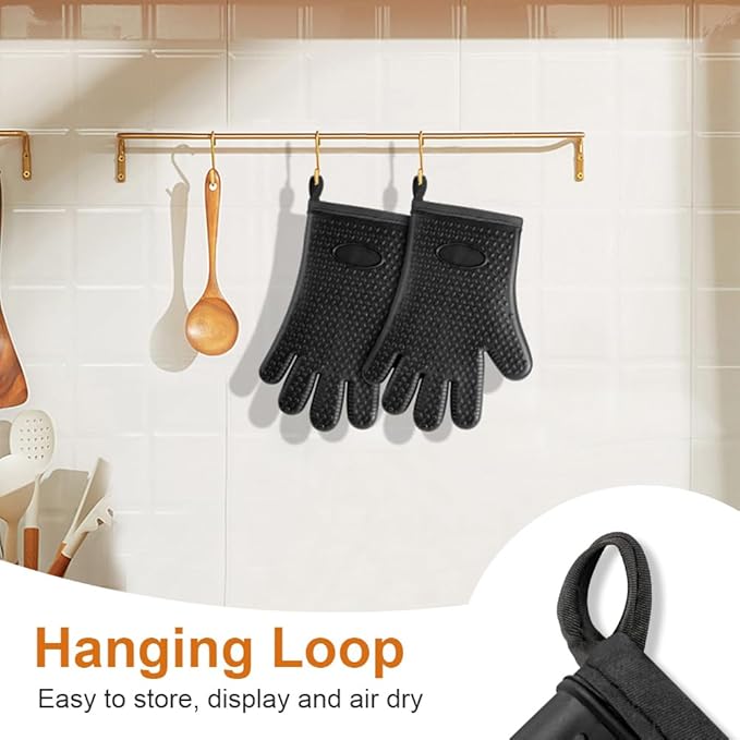 AUAUY Oven Mitts with 2 Pot Holders, Silicone Oven Gloves Heat Resistant 464°F, BBQ Gloves with Fingers, Non-Slip Oven Gloves, Cooking Gloves for Grilling Kitchen Baking Oven Microwave, Black - Image 5
