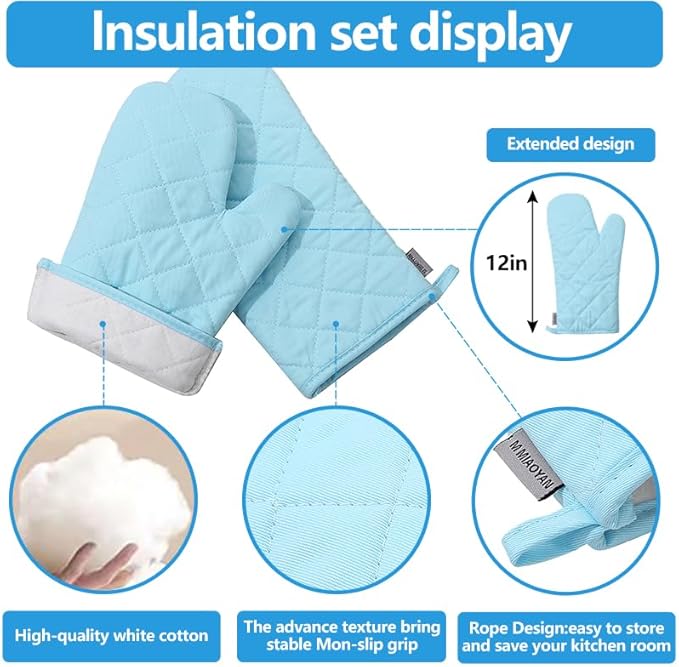 Oven Mitts and Pot Holders 4 pcs Set,High Heat Resistant 500 Degree Extra Thicken Long Kitchen Cotton Oven Glove for Cooking (12 Inch,Light Blue) - Image 3